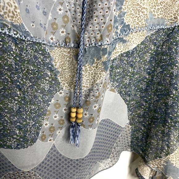 Mudd Womens Floral Beaded Tie Peasant Sheer Blouse Size M Blue Vintage Y2K Boho - Picture 4 of 5